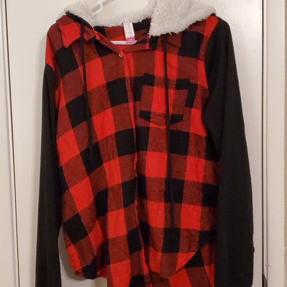 Button up red buffalo check shirt w/sherpa hoodie